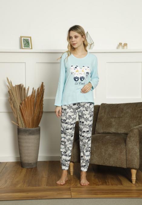 Pijama damă, mânecă lungă și pantaloni lungi, imprimeu Cat Family, blue