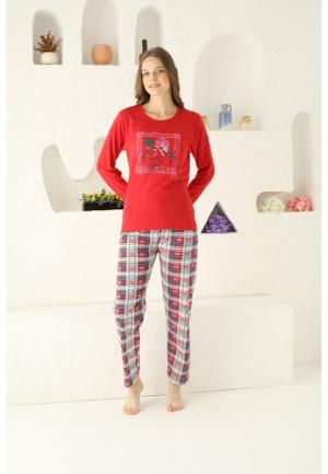 Pijama damă, mânecă lungă și pantaloni lungi, imprimeu floral, rosu