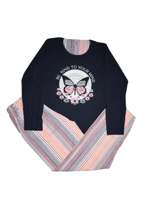 Pijama damă, mânecă lungă și pantaloni lungi, imprimeu cu fluture, negru