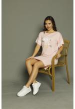 Rochie casual damă cu mânecă scurtă, până la genunchi, imprimeu Make Life, roz