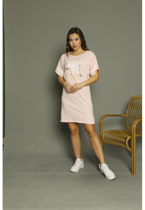 Rochie casual damă cu mânecă scurtă, până la genunchi, imprimeu Make Life, roz