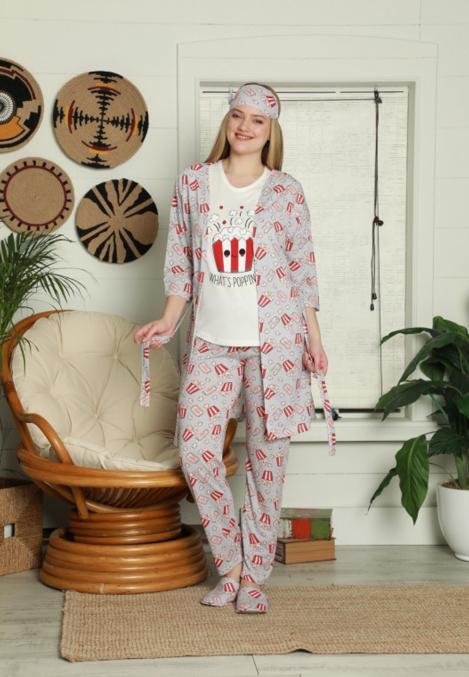 Set Pijama damă 4 piese cu tricou, pantaloni lungi, halat și mască de dormit, 100% bumbac