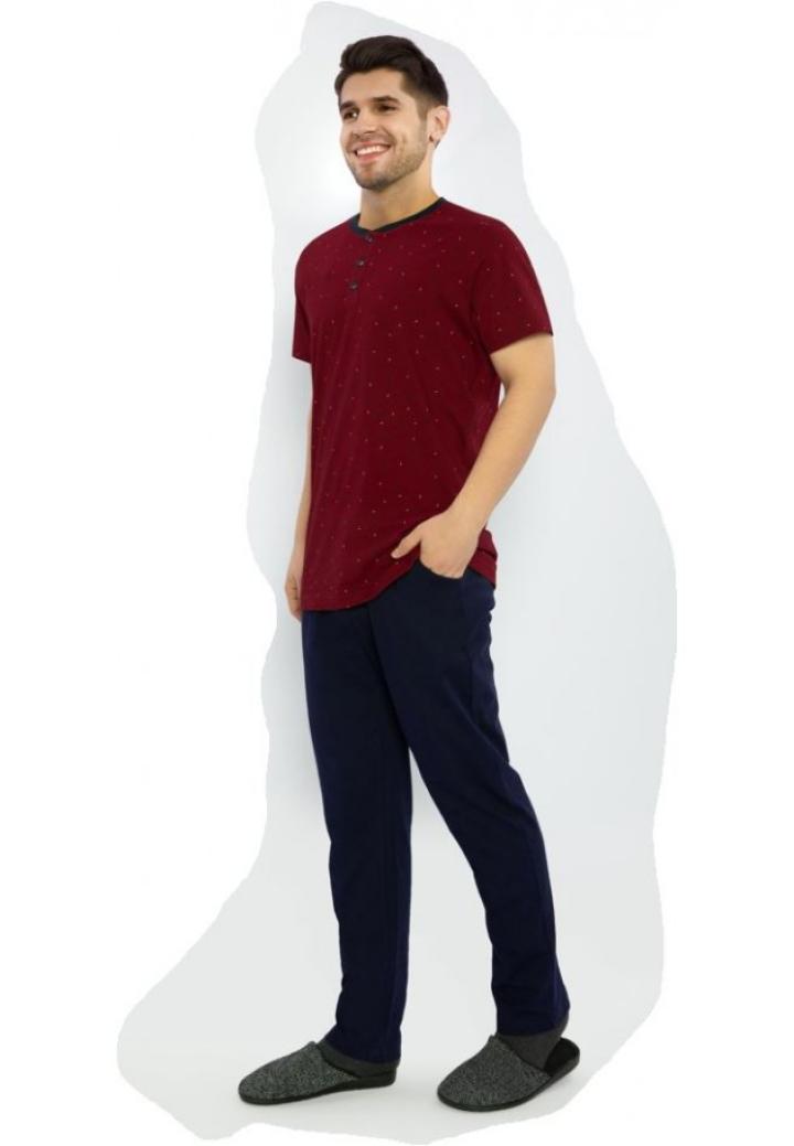 Pijama barbati din bumbac, bluza cu maneca scurta si pantaloni lungi, imprimeu minimalist, bordo