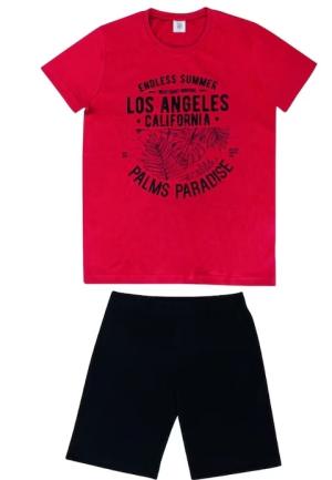 Pijama barbati din bumbac, bluza cu maneca scurta si pantaloni scurti, imprimeu ,,Los Angeles'', rosu