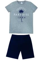 Pijama barbati din bumbac, bluza cu maneca scurta si pantaloni scurti, imprimeu ,,Tropical Paradise", gri