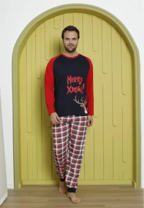 Pijamă Bărbați Crăciun cu Mâneci Lungă și Pantaloni Lungi - Culoare Neagră, Imprimeu Merry Xmas!