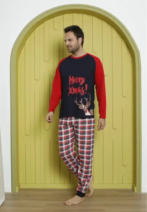 Pijamă Bărbați Crăciun cu Mâneci Lungă și Pantaloni Lungi - Culoare Neagră, Imprimeu Merry Xmas!