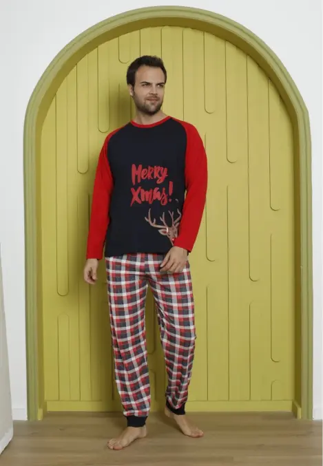 Pijamă Bărbați Crăciun cu Mâneci Lungă și Pantaloni Lungi - Culoare Neagră, Imprimeu Merry Xmas!