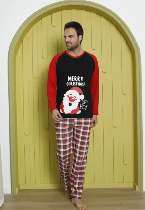 Pijamă Bărbați Crăciun cu Mâneci Lungă și Pantaloni Lungi - Culoare Neagră, Imprimeu Merry Christmas Ho Ho!