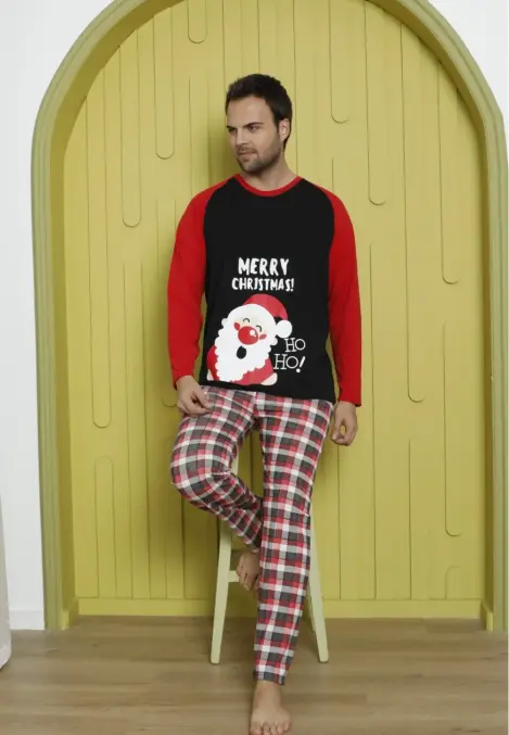 Pijamă Bărbați Crăciun cu Mâneci Lungă și Pantaloni Lungi - Culoare Neagră, Imprimeu Merry Christmas Ho Ho!