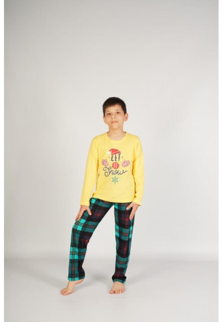 Pijama copii, mânecă lungă, pantalon lung, imprimeu Let it Snow, galben