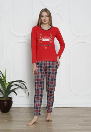 Pijama damă, mânecă lungă, pantalon lung, imprimeu motive de Crăciun