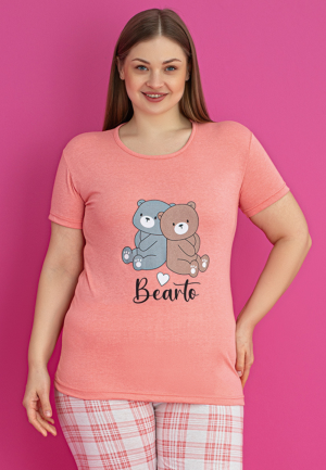 Pijama damă bumbac mărime mare – Set 2 piese: tricou + pantaloni 3/4 imprimeu bearto