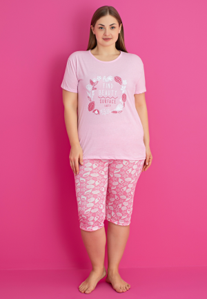 Pijama damă bumbac mărime mare – Set 2 piese: tricou + pantaloni 3/4 imprimeu find beauty