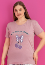 Pijama damă bumbac mărime mare – Set 2 piese: tricou + pantaloni 3/4 imprimeu you are a cherry