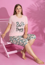 Pijama damă bumbac mărime mare – Set 2 piese: tricou + pantaloni 3/4 imprimeu BE HAPPY