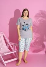 Pijama damă bumbac mărime mare – Set 2 piese: tricou + pantaloni 3/4 imprimeu FLORI