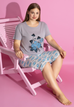 Pijama damă bumbac mărime mare – Set 2 piese: tricou + pantaloni 3/4 imprimeu FLORI