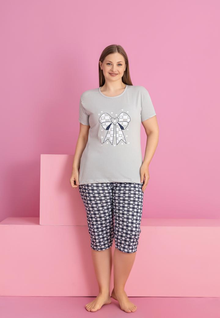 Pijama damă bumbac mărime mare – Set 2 piese: tricou + pantaloni 3/4 imprimeu FUNDA