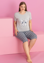 Pijama damă bumbac mărime mare – Set 2 piese: tricou + pantaloni 3/4 imprimeu FUNDA