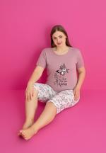 Pijama damă bumbac mărime mare – Set 2 piese: tricou + pantaloni 3/4 imprimeu NEVER HIDE YOUR WINGS