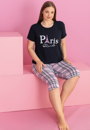 Pijama damă bumbac mărime mare – Set 2 piese: tricou + pantaloni 3/4 imprimeu PARIS