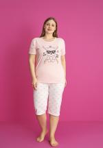 Pijama damă bumbac mărime mare – Set 2 piese: tricou + pantaloni 3/4 imprimeu SE GOOD