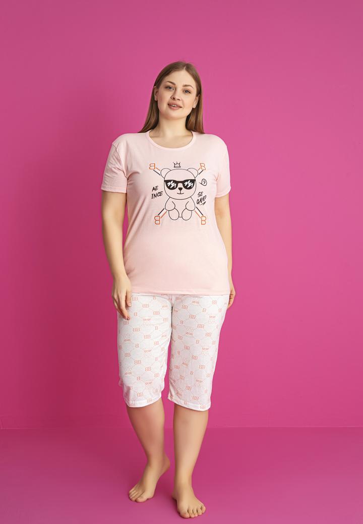 Pijama damă bumbac mărime mare – Set 2 piese: tricou + pantaloni 3/4 imprimeu SE GOOD