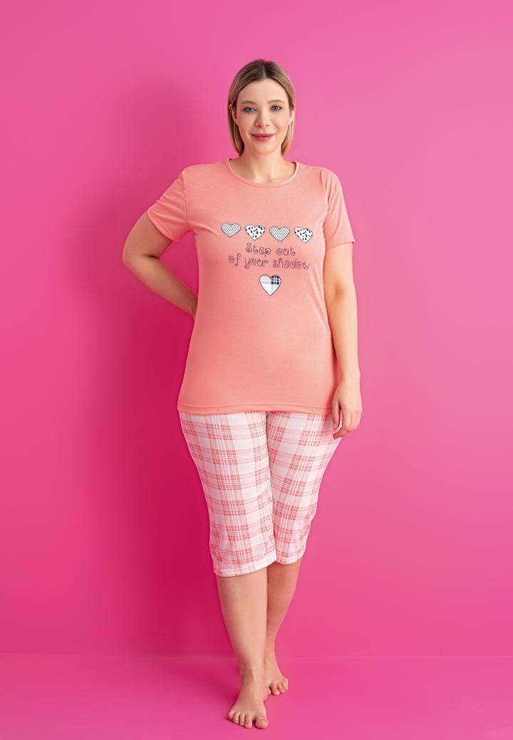 Pijama damă bumbac mărime mare – Set 2 piese: tricou + pantaloni 3/4 imprimeu step out of your shadow