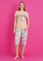 Pijama damă bumbac – tricou și pantaloni 3/4, imprimeu BE MINE