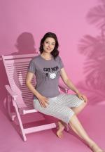 Pijama damă bumbac – tricou și pantaloni 3/4, imprimeu CAT MOM