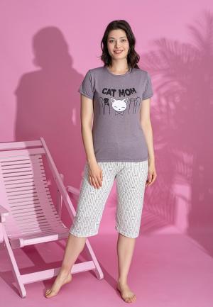 Pijama damă bumbac – tricou și pantaloni 3/4, imprimeu CAT MOM