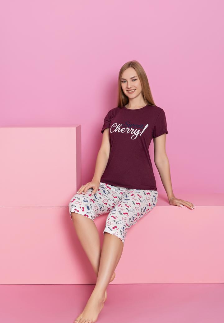 Pijama damă bumbac – tricou și pantaloni 3/4, imprimeu CHERRY