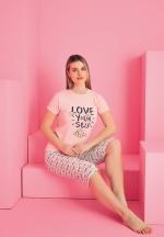 Pijama damă bumbac – tricou și pantaloni 3/4, imprimeu LOVE YOURSELF