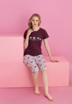 Pijama damă bumbac – tricou și pantaloni 3/4, imprimeu PANDA