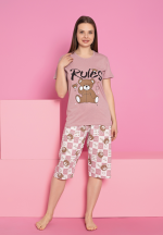 Pijama damă bumbac – tricou și pantaloni 3/4, imprimeu RULES