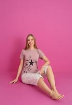 Pijama damă bumbac – tricou și pantaloni 3/4, imprimeu STELE