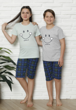 Pijama familie-copii, bumbac, mânecă scurtă și pantaloni 3/4, verde