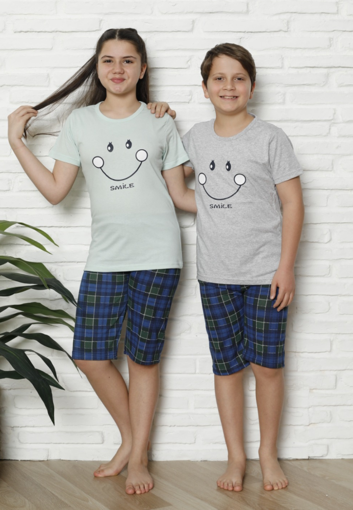 Pijama familie-copii, bumbac, mânecă scurtă și pantaloni 3/4, verde