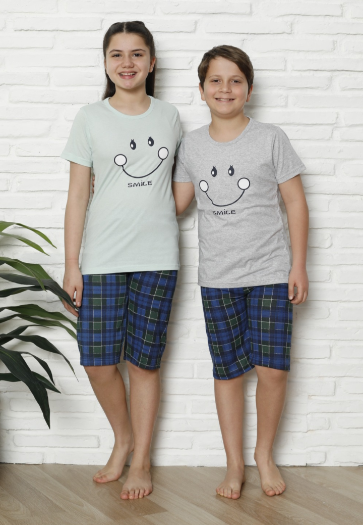 Pijama familie-copii, bumbac, mânecă scurtă și pantaloni 3/4, verde