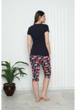 Pijama dama din bumbac cu imprimeu "Inima", maneca scurta si pantaloni 3/4, negru