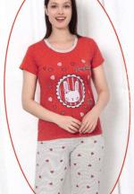 Pijama dama din bumbac cu imprimeu "Pretty Rabbit", maneca scurta si pantaloni 3/4, rosu