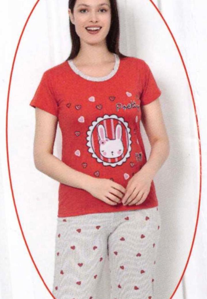 Pijama dama din bumbac cu imprimeu "Pretty Rabbit", maneca scurta si pantaloni 3/4, rosu
