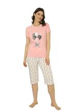Pijama dama din bumbac, imprimeu cu baloane, maneca scurta si pantaloni 3/4, roz deschis