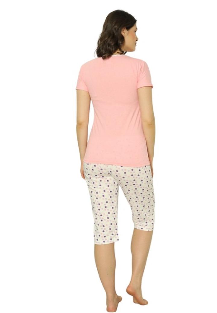 Pijama dama din bumbac, imprimeu cu baloane, maneca scurta si pantaloni 3/4, roz deschis
