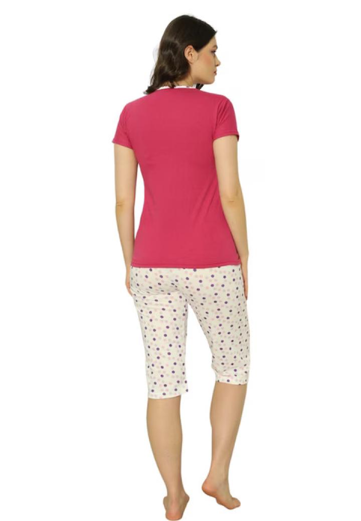 Pijama dama Big Size din bumbac, imprimeu cu baloane, maneca scurta si pantaloni 3/4, roz inchis