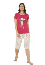 Pijama dama Big Size din bumbac, imprimeu cu baloane, maneca scurta si pantaloni 3/4, roz inchis