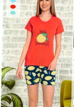 Pijama dama din bumbac, imprimeu ,,Hey Summer!'', maneca scurta si scurti, rosu