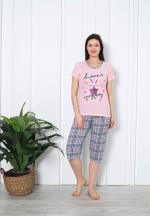 Pijama dama din bumbac, imprimeu ,,Love Is Everything'', maneca scurta si pantaloni 3/4, roz deschis