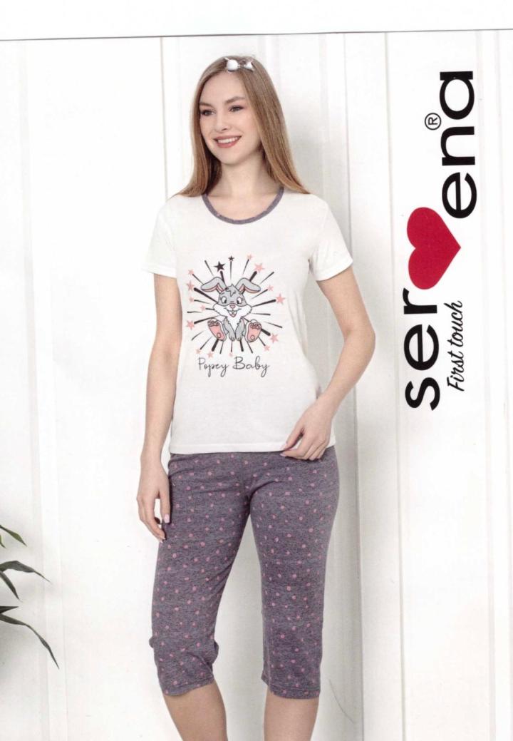 Pijama dama Big Size din bumbac, imprimeu ,,Popey Baby'' maneca scurta si pantaloni 3/4, alb